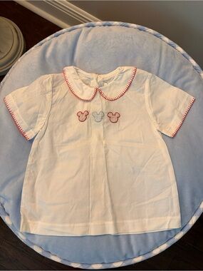 Little English White Blouse with Red Trim and Mouse Embroidery